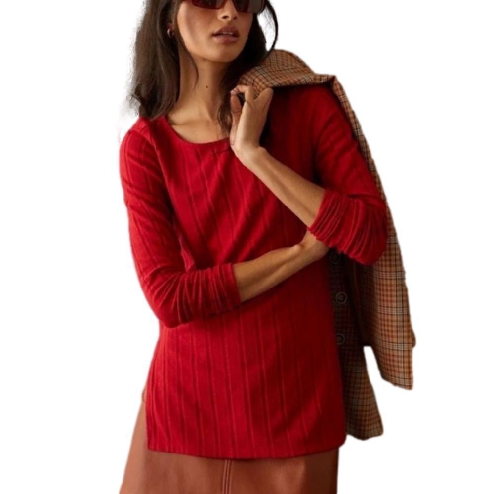 Anthropologie Ribbed Slide Slit Tunic Red New NWOT - Small